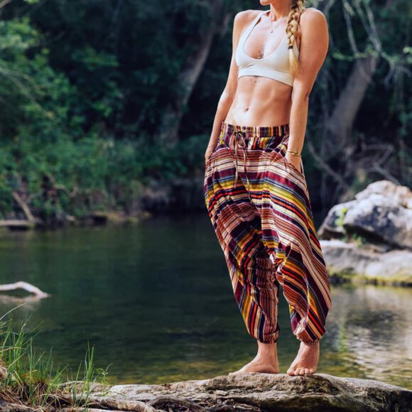 Buddha Pants Unisex Drawstring Boho Hippie Stripe Savannah Harem Pants Red - Picture 10 of 13